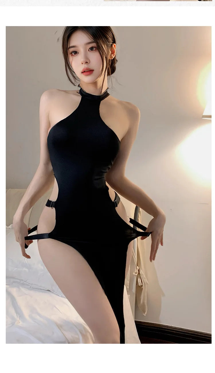 Sexy lingerie Solid color pullover sleeveless hollow slit European and American tight fitting dress Short dresses Woman costume
