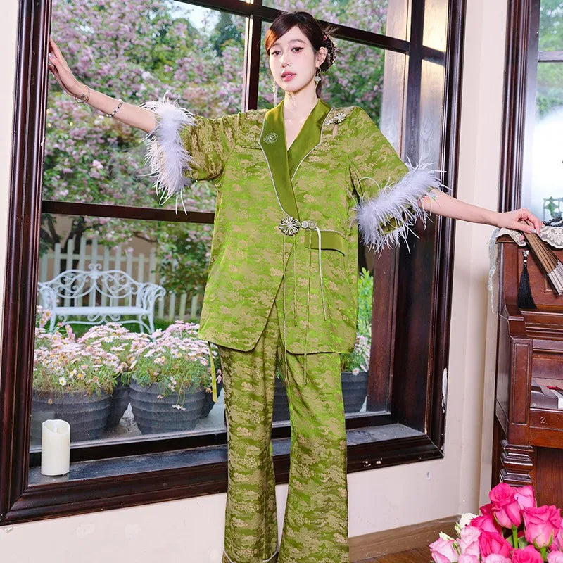 Women’s Vintage Embroidered Ice-Silk Cardigan & Nightshirt Two-Piece Set – Green Feathers Luxury Homewear