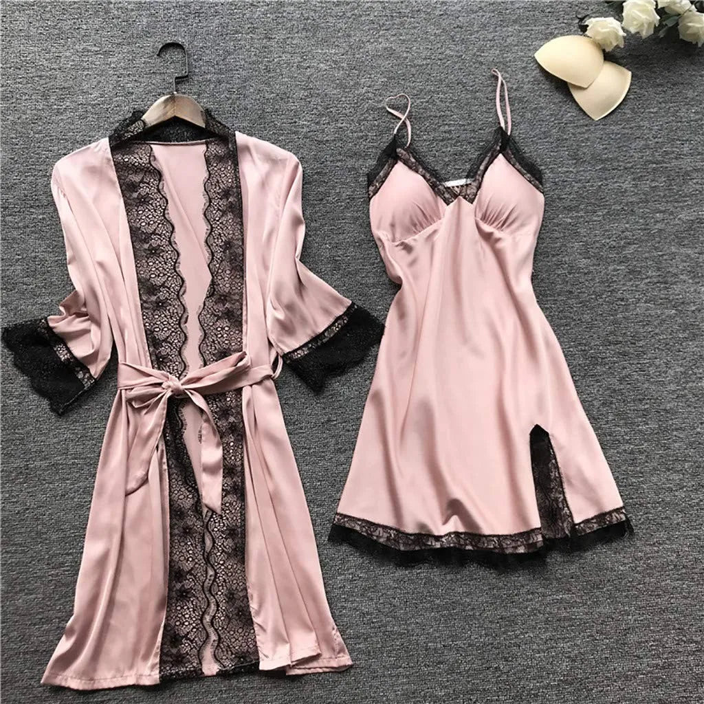 Women’s 4-Piece Satin & Lace Nightwear Set – Camisole, Shorts, Nightdress & Robe