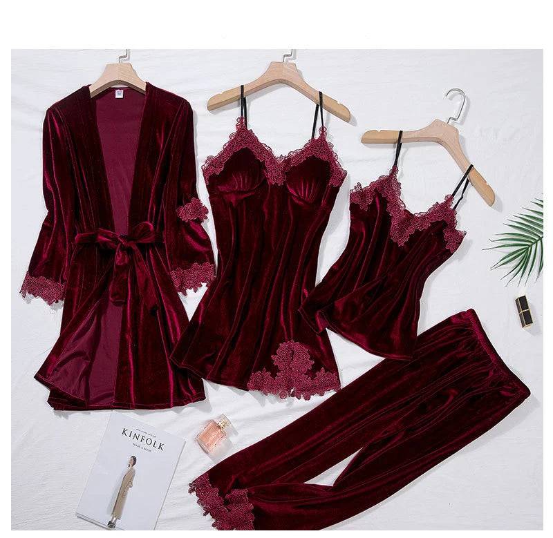 Women’s 4-Piece Velour & Lace Velvet Pajama Set – Long-Sleeve Intimate Homewear