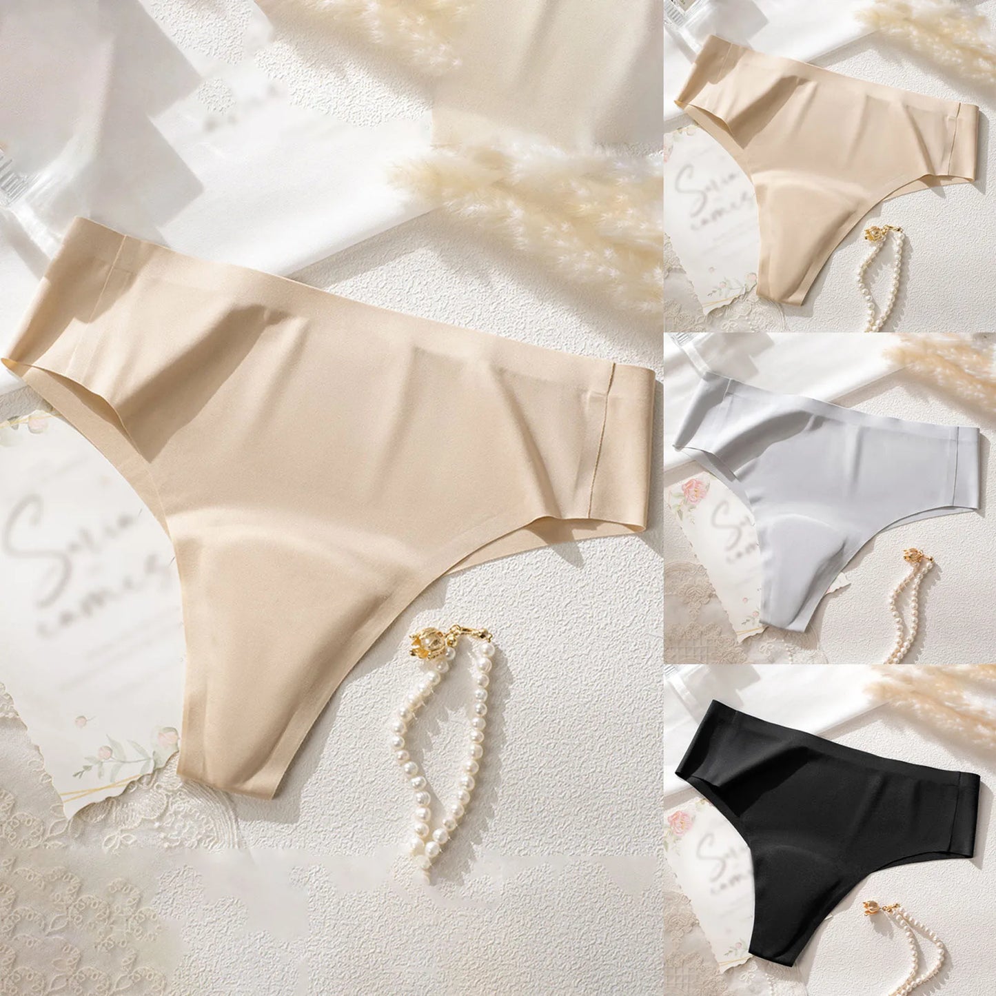 Comfortable Mid Waist Seamless Thong Panties – Solid Color Stretch Basics Underwear for Women