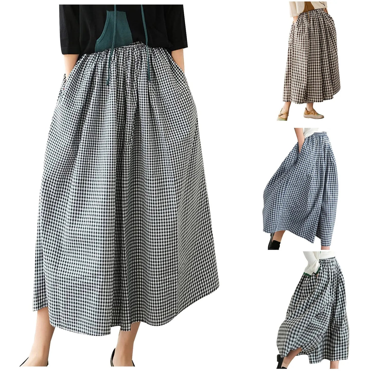 2024 Summer New Culotte Pants High Waist Pleated Slanted Pocket A-Shaped Wide Leg Covering Span Checkered Printing Trousers