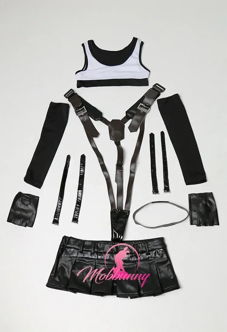 Black Gothic Venetian Lace & PU Leather Cosplay Lingerie Set – Vest, Mini Skirt, Gloves & Belt
