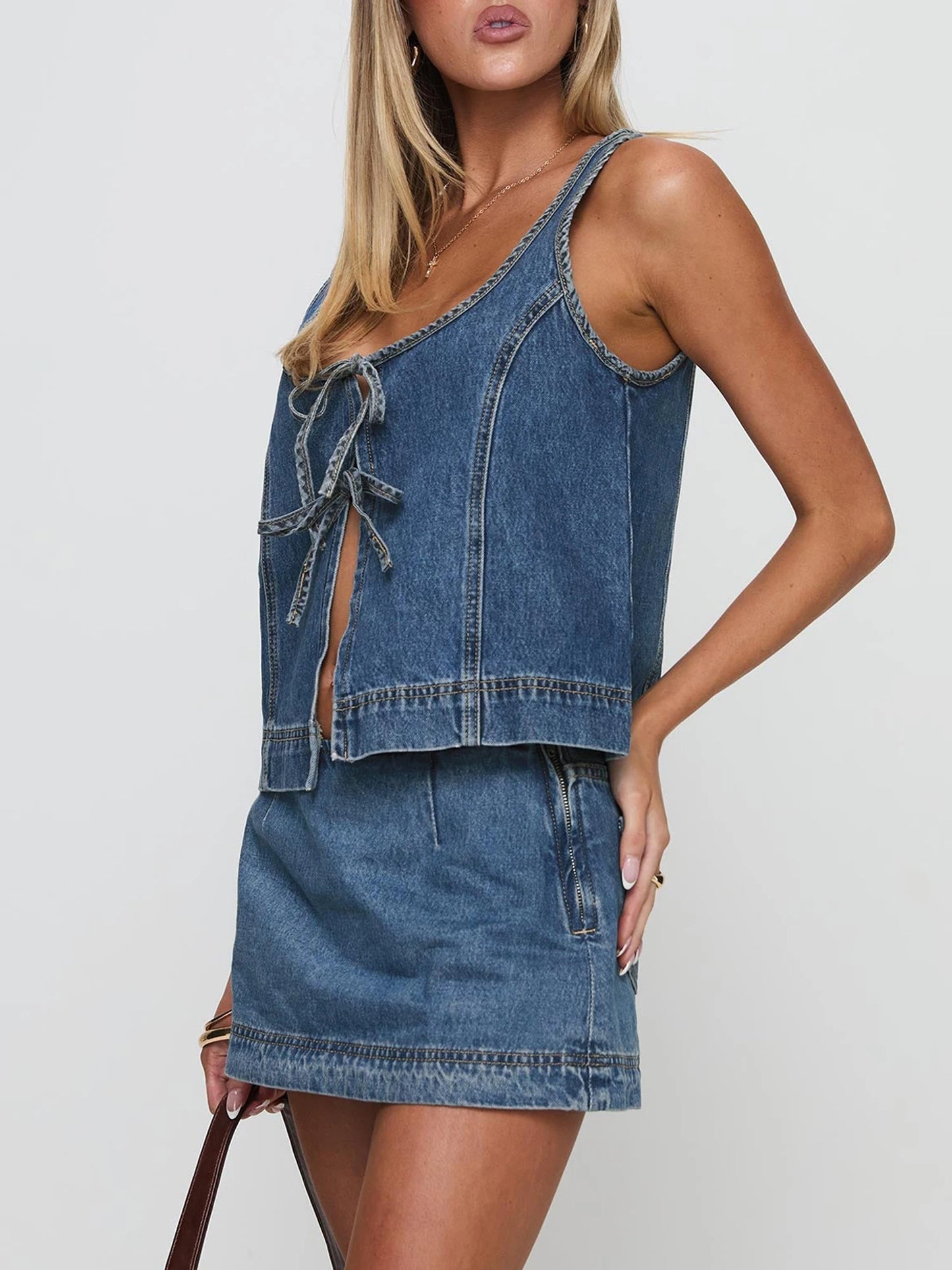 Stylish Women s Denim Co-ord Set with Sleeveless Tie-up Top and Mini Skirt - Perfect for Clubwear and Nights Out