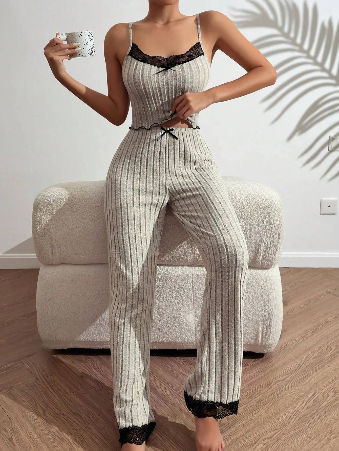 Home service gray love suspender vest pajamas Female can wear long pants two -piece suit