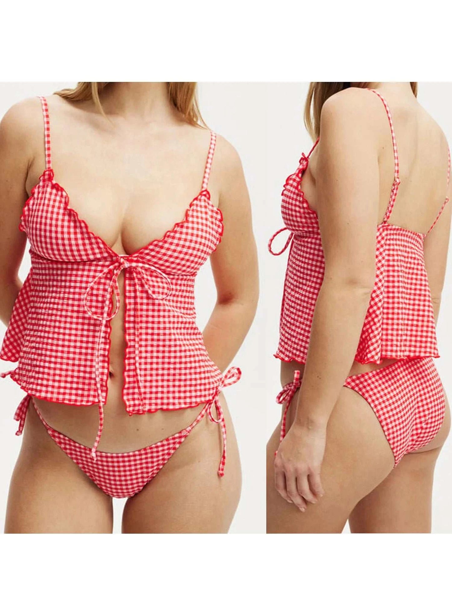 Women s Plaid Print Sleeveless Cami Top with Deep V Neckline and Front Tie-up Detail - Stylish Split Shirt for Summer