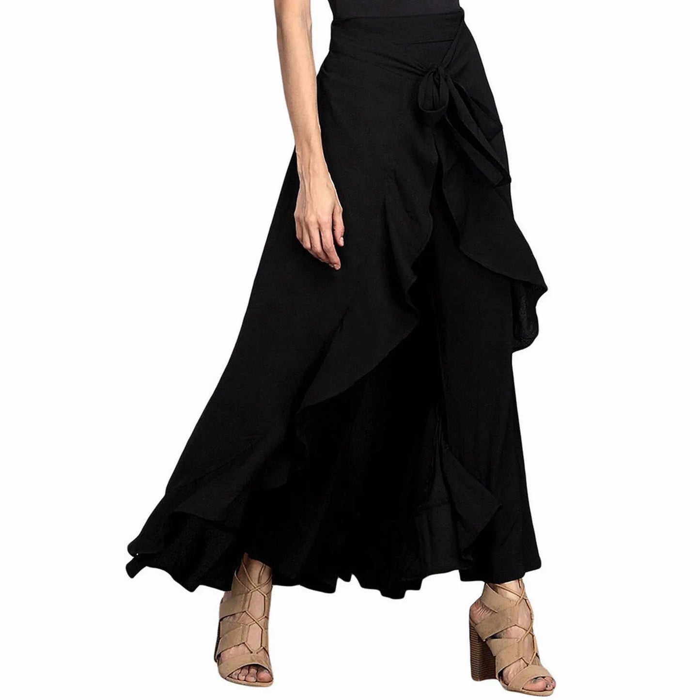 Women'S High Waist Chiffon Pants Wide Leg Pants Ruffle Trim Ice Silk Ankle-Length Long Trousers Summer Breeches Pantalones 바지