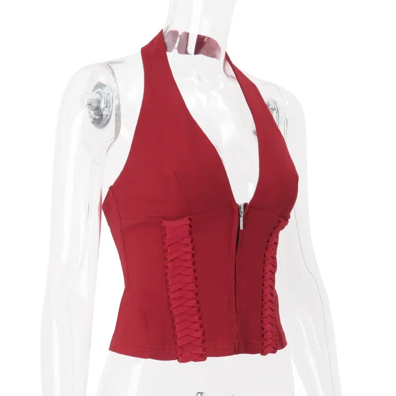 Fashion Cross Tie Zipper Slim Women's Vest Sexy Off Shoulder Backless Sleeveless Halter Top Casual Summer Street Camis