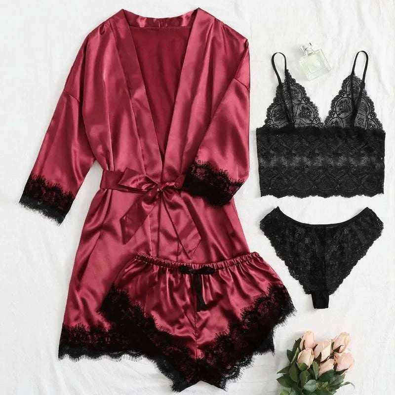 4PCS Women Pajama Suit Fashion V-Neck Stretch Silk Satin Robe Lace Sexy Lingerie Bathrobe Bowknot Pyjamas Shorts Set Sleepwear