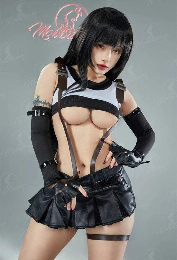 Black Gothic Venetian Lace & PU Leather Cosplay Lingerie Set – Vest, Mini Skirt, Gloves & Belt