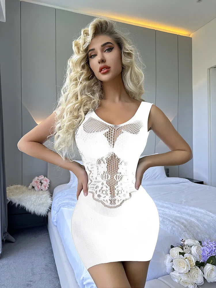 Women’s Sheer Fishnet Hollow-Out Backless Bodysuit Skirt – Erotic One-Piece Mesh Dress