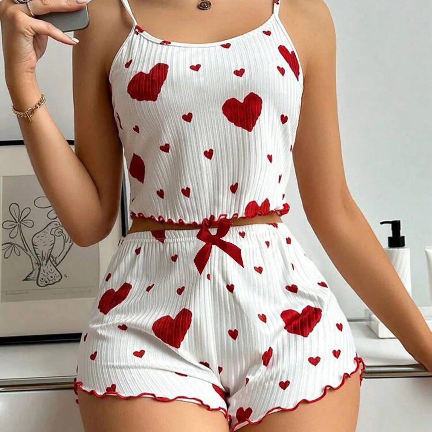 Heart Print Women's Pajamas Set Sleepwear 2 PCS Short Tank Tops and Shorts Sets Ventilate Soft Casual Love Sleeveless Home Suit