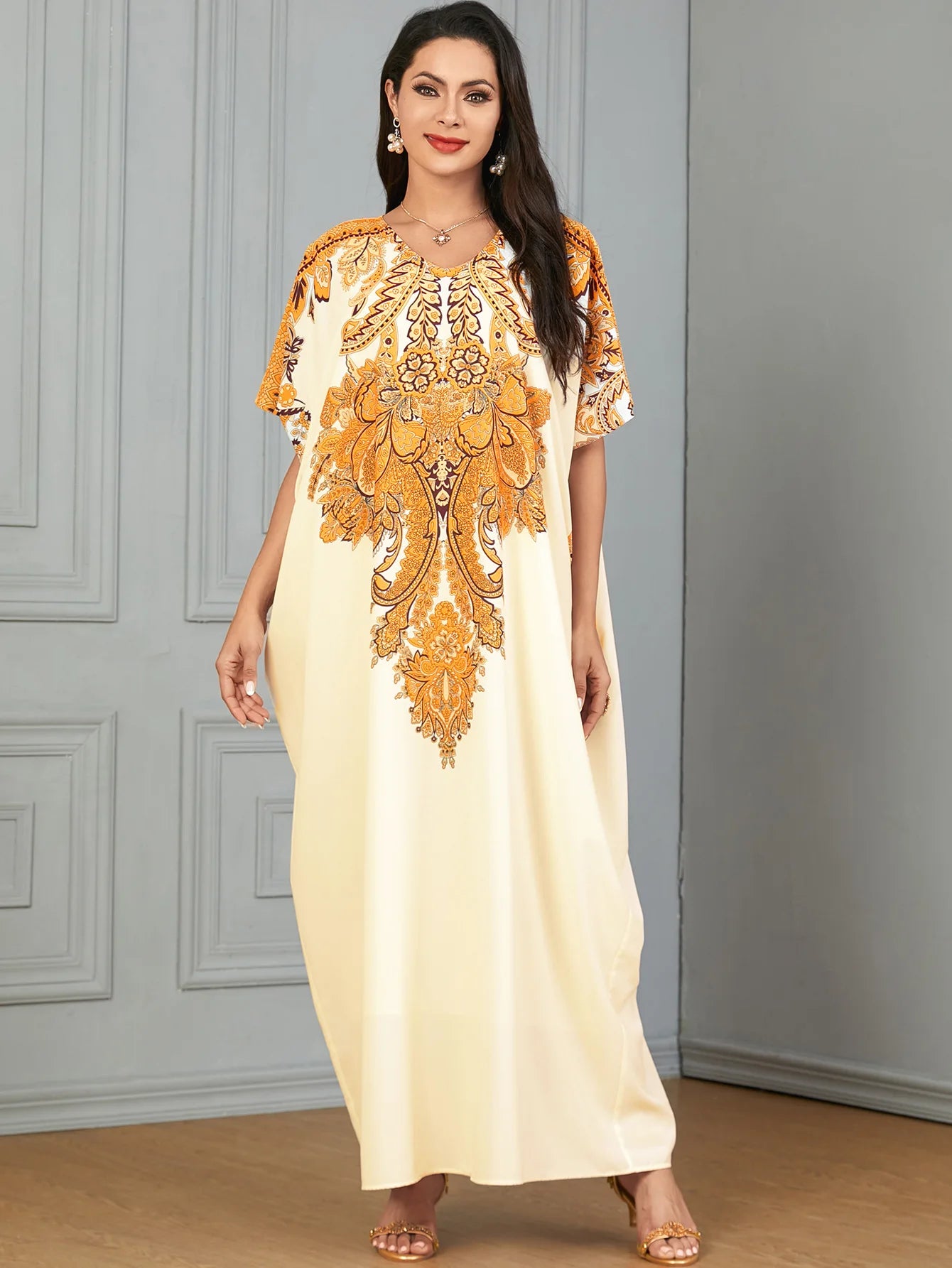 Moroccan-Print Loose-Fit Maxi Kaftan Dress – Short-Sleeve Muslim Abaya & Turkey Caftan