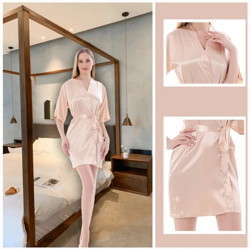 Women Silk Satin Short Night Robe Solid Kimono Robe Fashion Bath Robe Sexy Bathrobe Peignoir Femme Wedding Bride Bridesmaid Robe