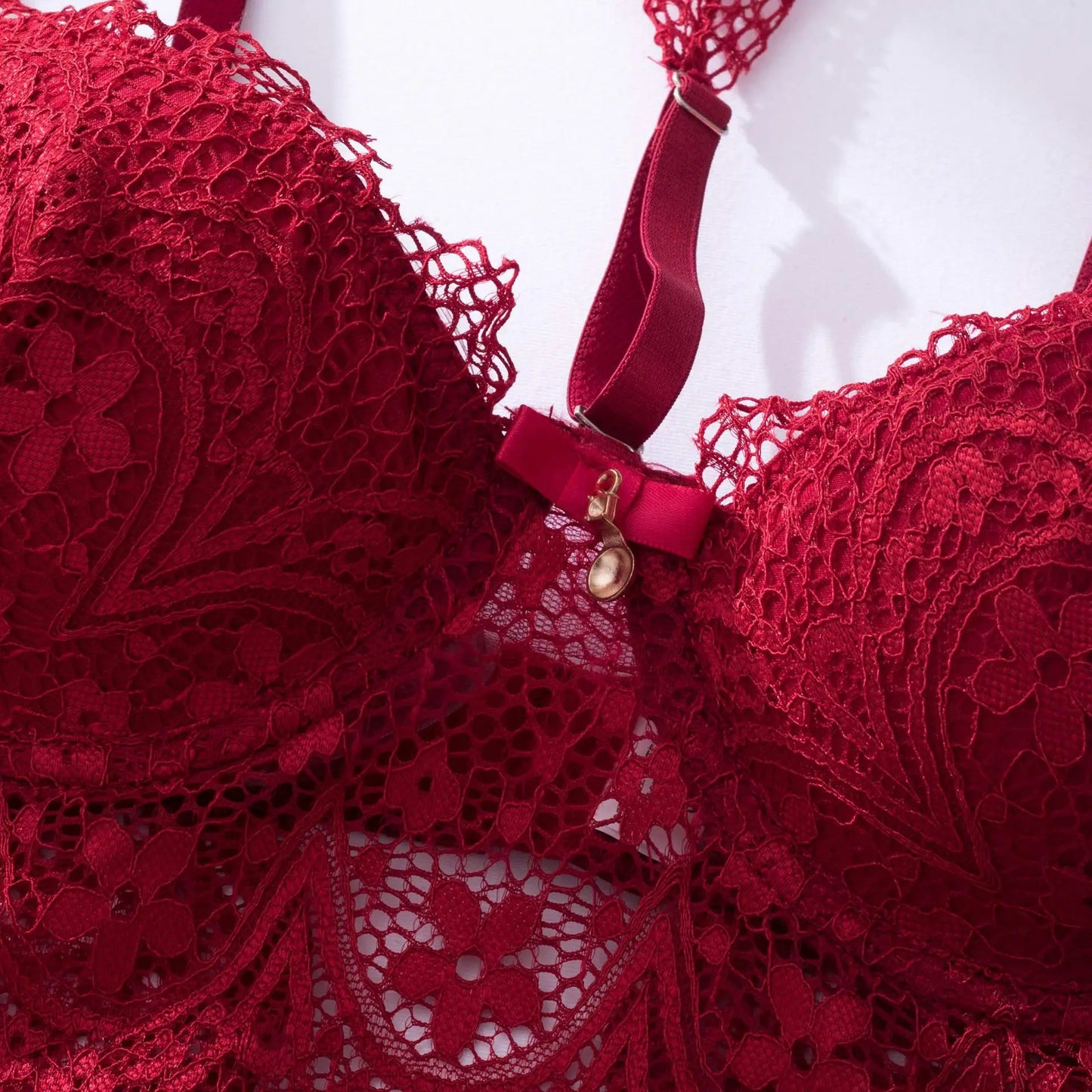 New burgundy hot gathering bra set sexy sheer lace eyelash halterneck bra thong detachable leg ring erotic lingerie