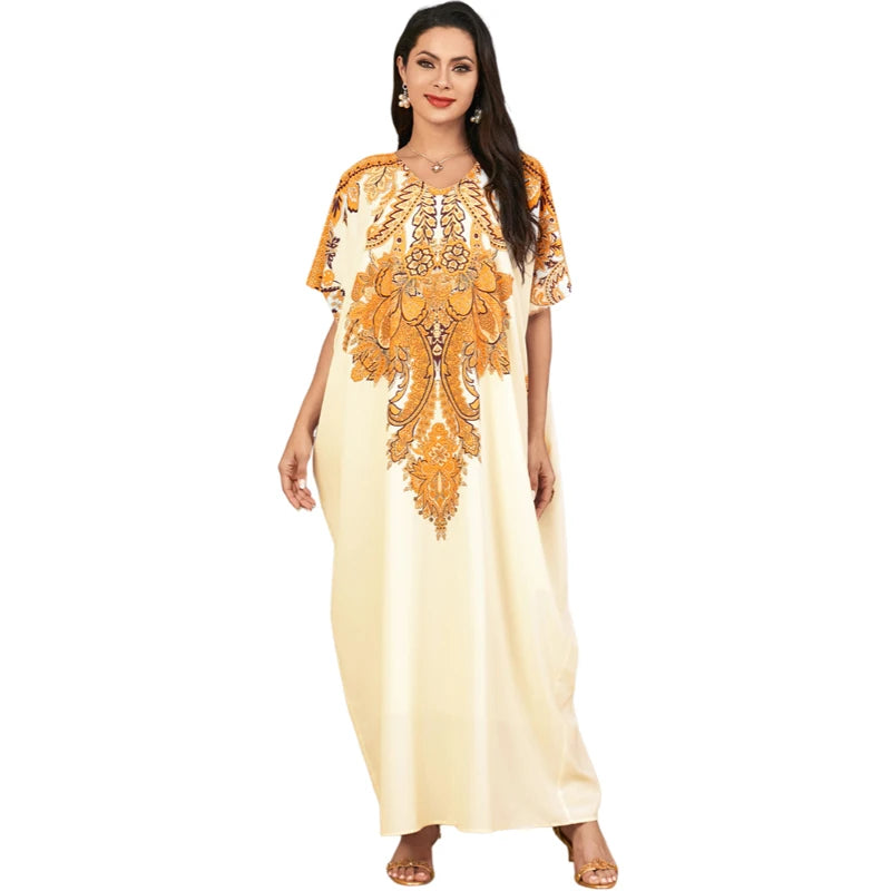 Moroccan-Print Loose-Fit Maxi Kaftan Dress – Short-Sleeve Muslim Abaya & Turkey Caftan