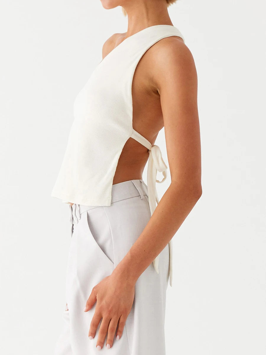 Elegant One Shoulder Blouse Women s Fashionable Sleeveless Top with Chic Side Knot Detail for Summer Wear