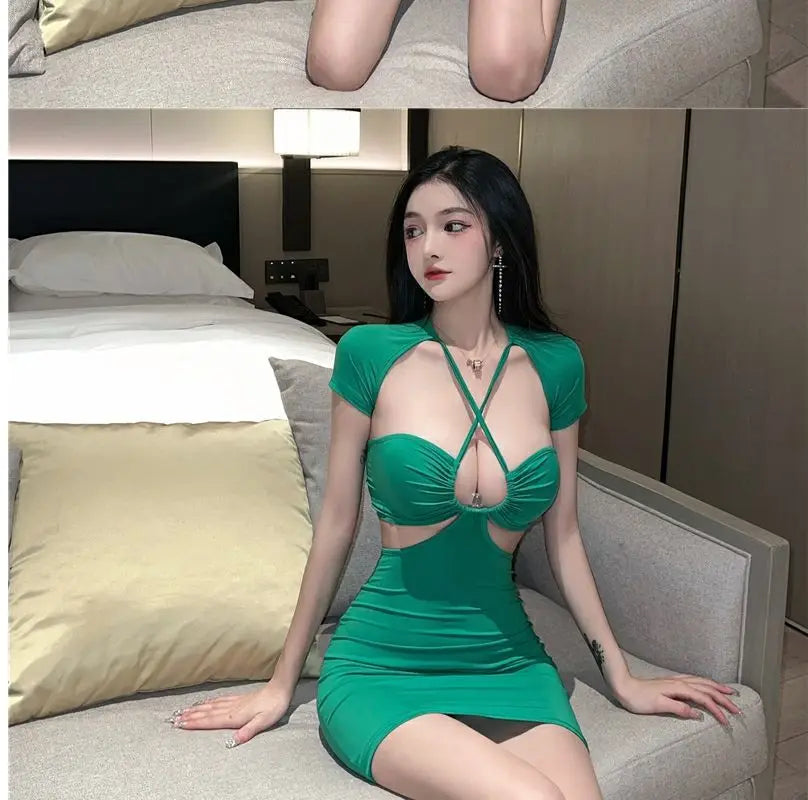 Sexy Spicy Girl Hollow Back Show Chest Hanging Neck Dress Summer Unique and Unique Tight Show Slim Wrap Hip Short Skirt