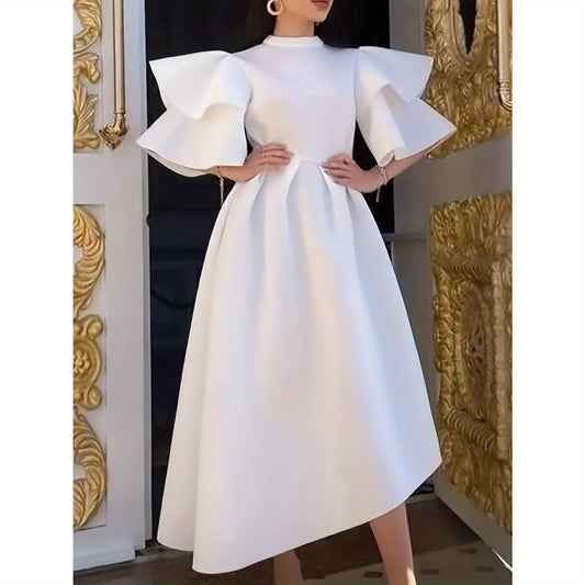 Double-layer ruffled sleeves solid color hem European and American dresses