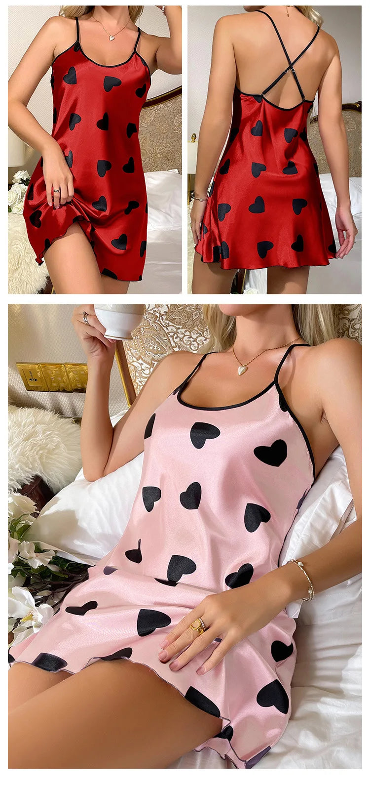 Heart Print Slip Nightdress Casual Crew Neck Criss Cross Back Sleepwear Women's Dresses