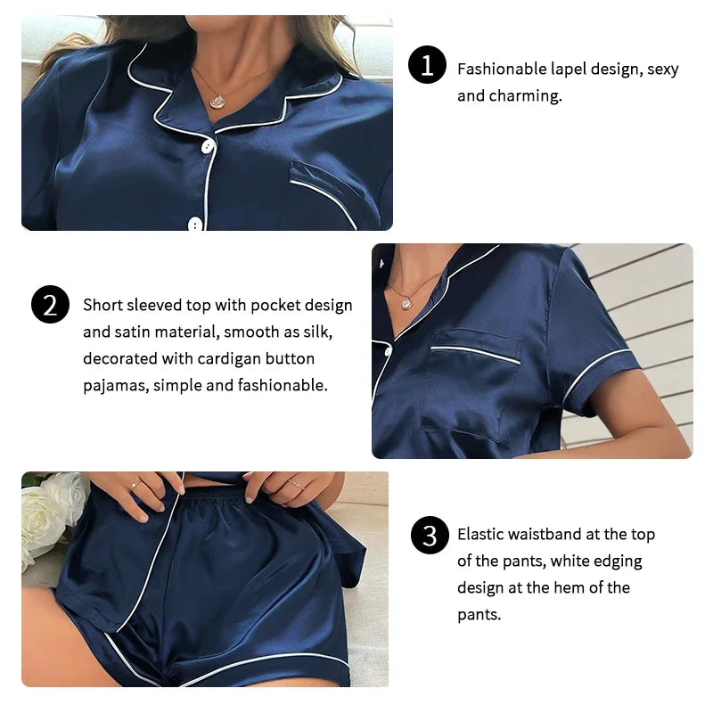 Summer Silk Satin Pajamas Set for Women Sleepwear Button Down Top & Shorts 2 Pieces Notched Collar Nightwear Loungewear