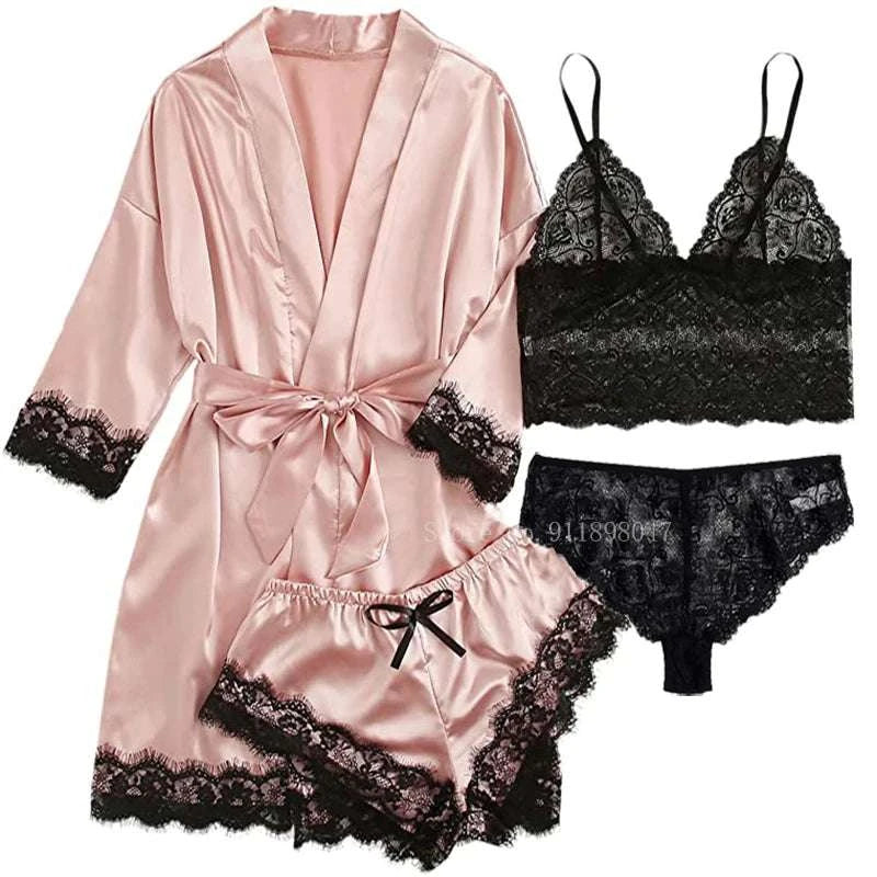 4PCS Women Pajama Suit Fashion V-Neck Stretch Silk Satin Robe Lace Sexy Lingerie Bathrobe Bowknot Pyjamas Shorts Set Sleepwear