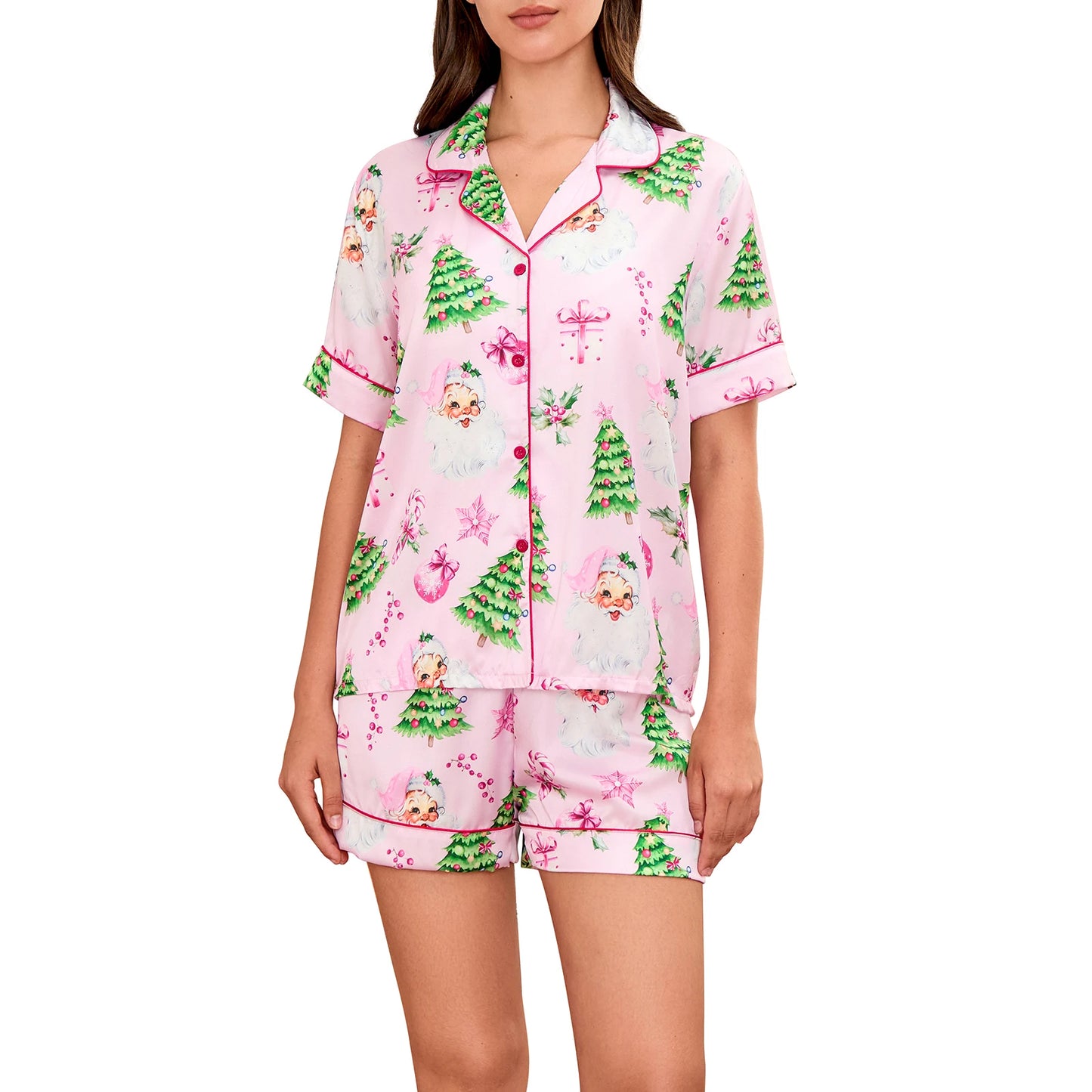 Women’s White 2-Piece Christmas Short-Sleeve Pajama Set – Festive Shirt & Shorts