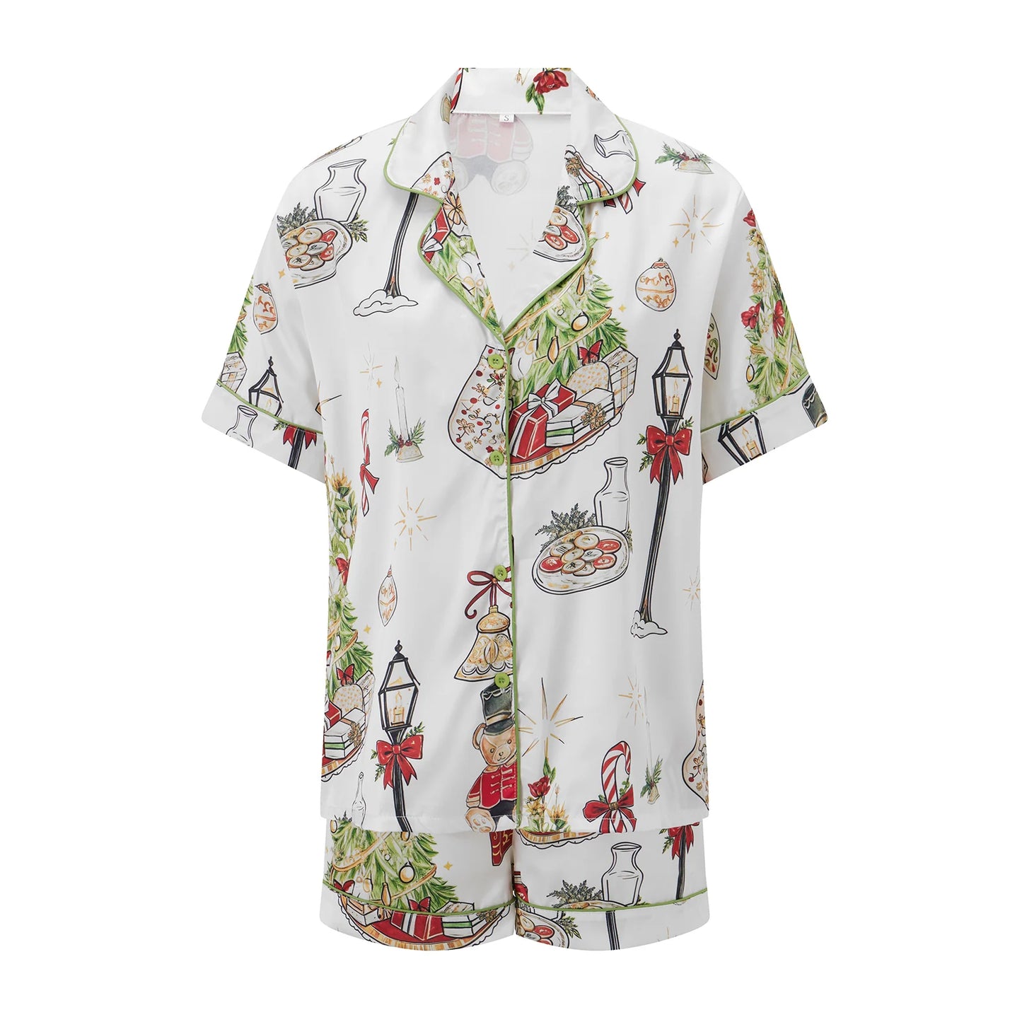 Women’s White 2-Piece Christmas Short-Sleeve Pajama Set – Festive Shirt & Shorts