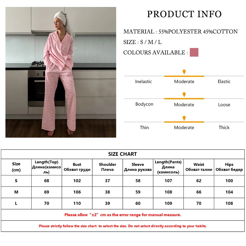 Pink Plaid Loose-Fit Turn-Down Collar Nightgown & Pajama Pant Set – Long Sleeve Sleepwear