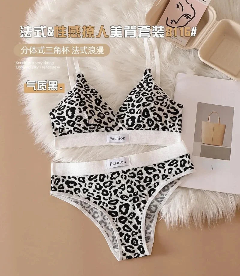 Leopard-Print Traceless Steel-Rim Bra & Underwear Set – Adjustable Strap-Back Support