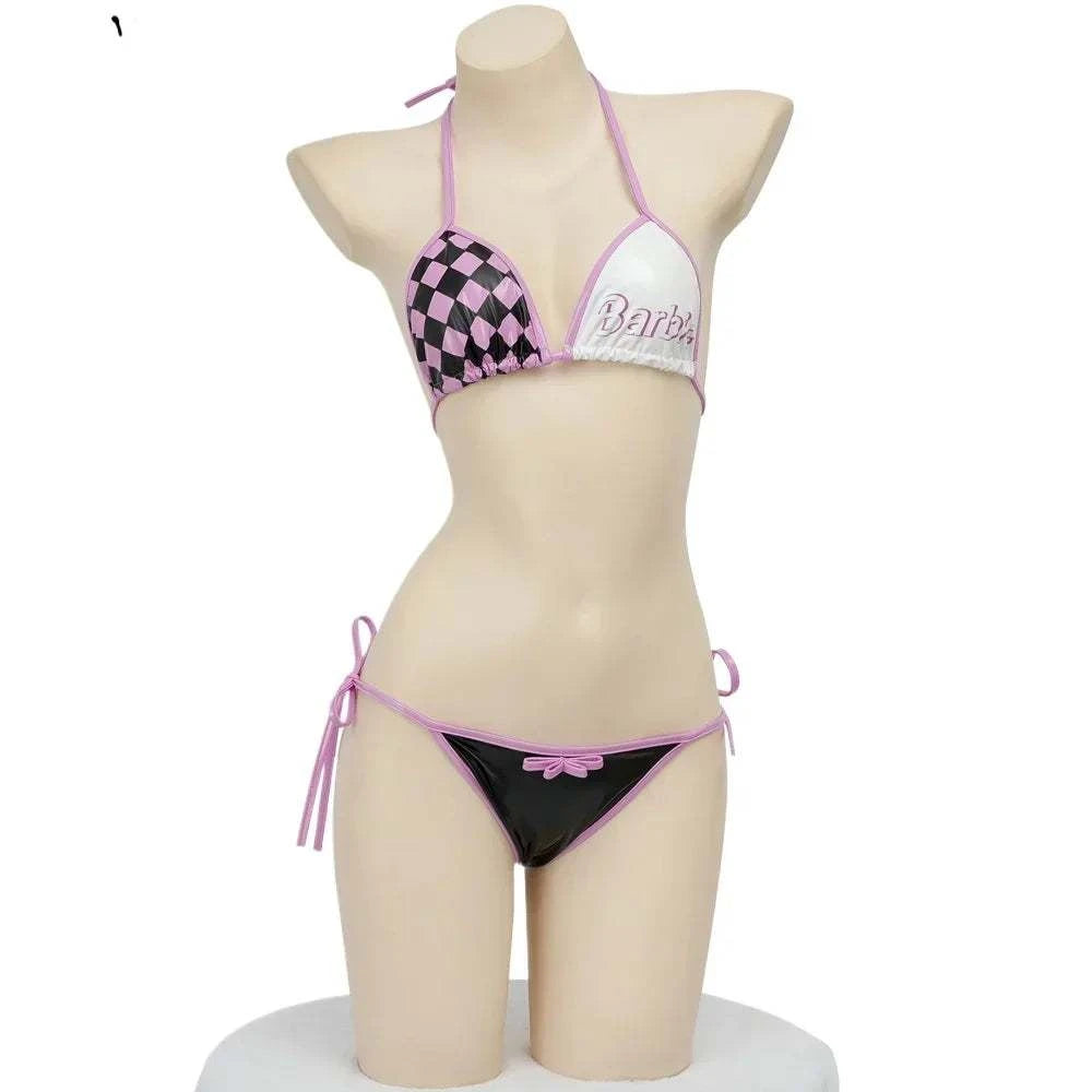 Women Three Point Underwear Set Cosplay Costume Barbie Cute Girl Pink Black Plaid Bikini Swimsuit