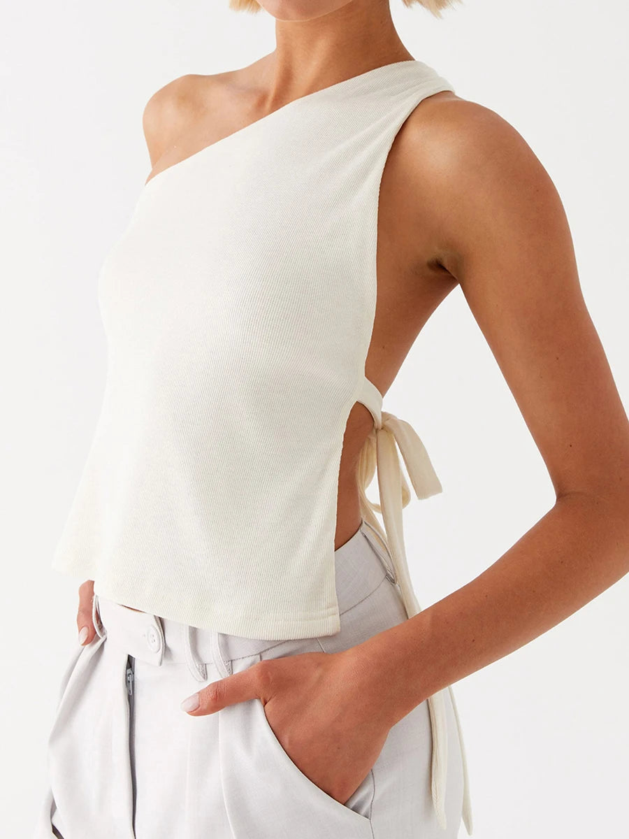 Elegant One Shoulder Blouse Women s Fashionable Sleeveless Top with Chic Side Knot Detail for Summer Wear