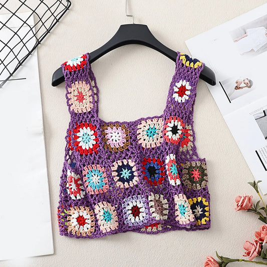 Womens Crochet Tank Top With Tassels Cover Ups Knit Colorful Floral Embroidery Summer Backless Camisole Fashion Casual Bohemian