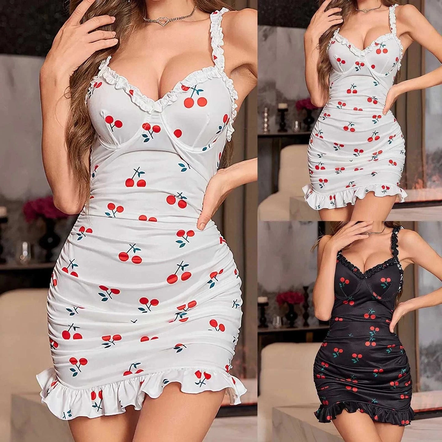 Sexy Lingerie Sexy Print Pleated Wrap Hip Nightdress Pajamas Seductive Thin Pleated Floral Edge Lingerie Sexy Woman Push Up