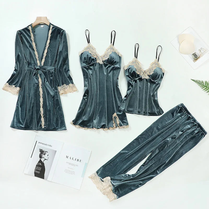 Women’s 4-Piece Velour & Lace Velvet Pajama Set – Long-Sleeve Intimate Homewear