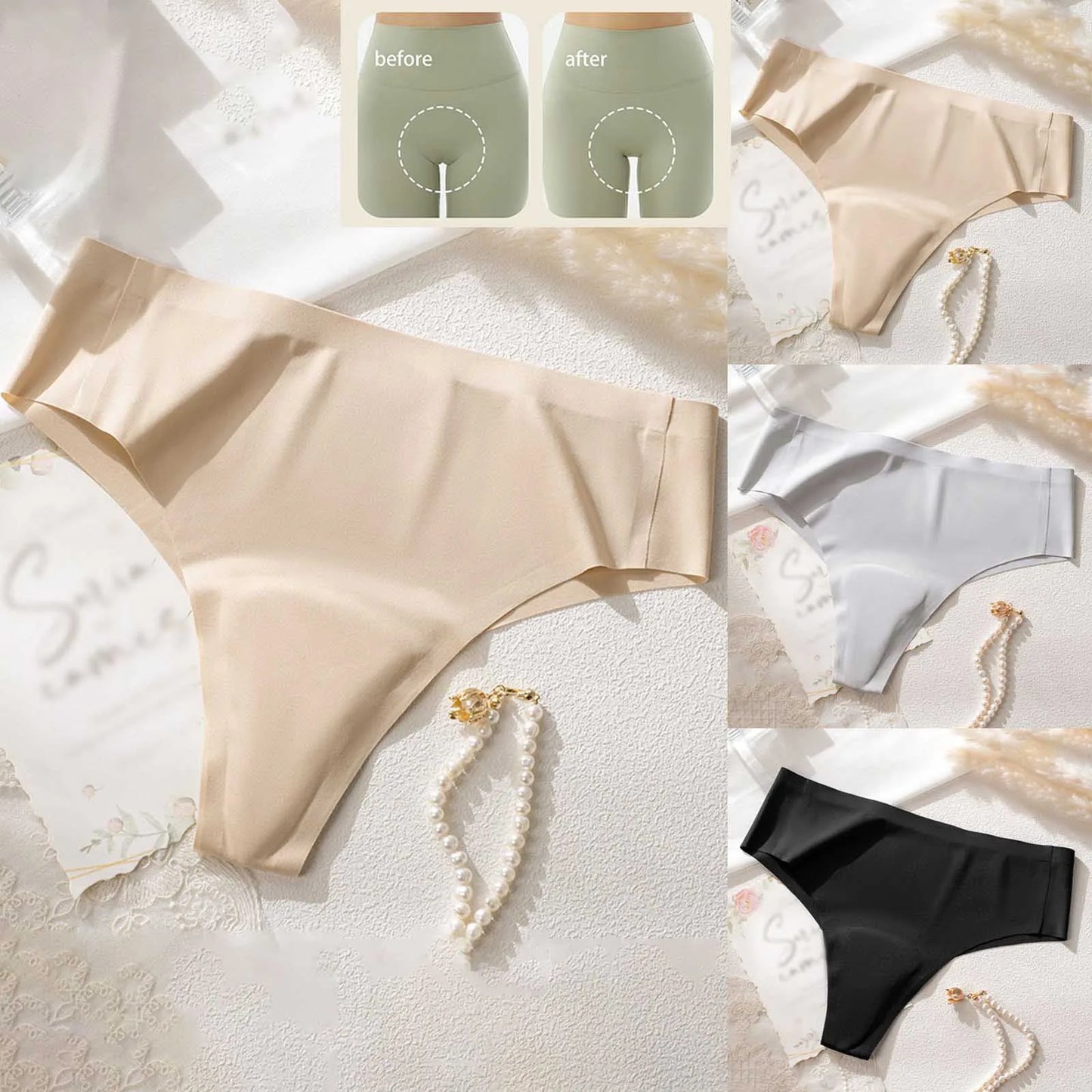 Comfortable Mid Waist Seamless Thong Panties – Solid Color Stretch Basics Underwear for Women