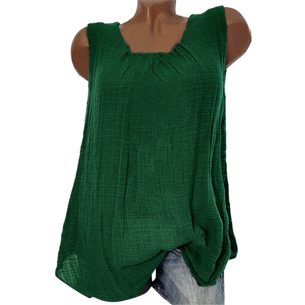 Plus Size Cotton Linen Sleeveless Baggy Tank Top – Casual U-Neck Summer Vest Blouse for Women