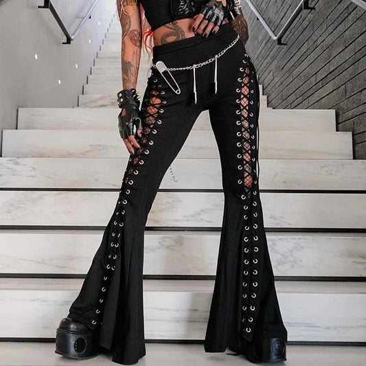 Grunge Streetwear Zwarte Bandage Broek Cyber Gothic Punk Hollow Out Flare Broek Vrouwen Emo Hoge Taille Sexy Alt Bottom