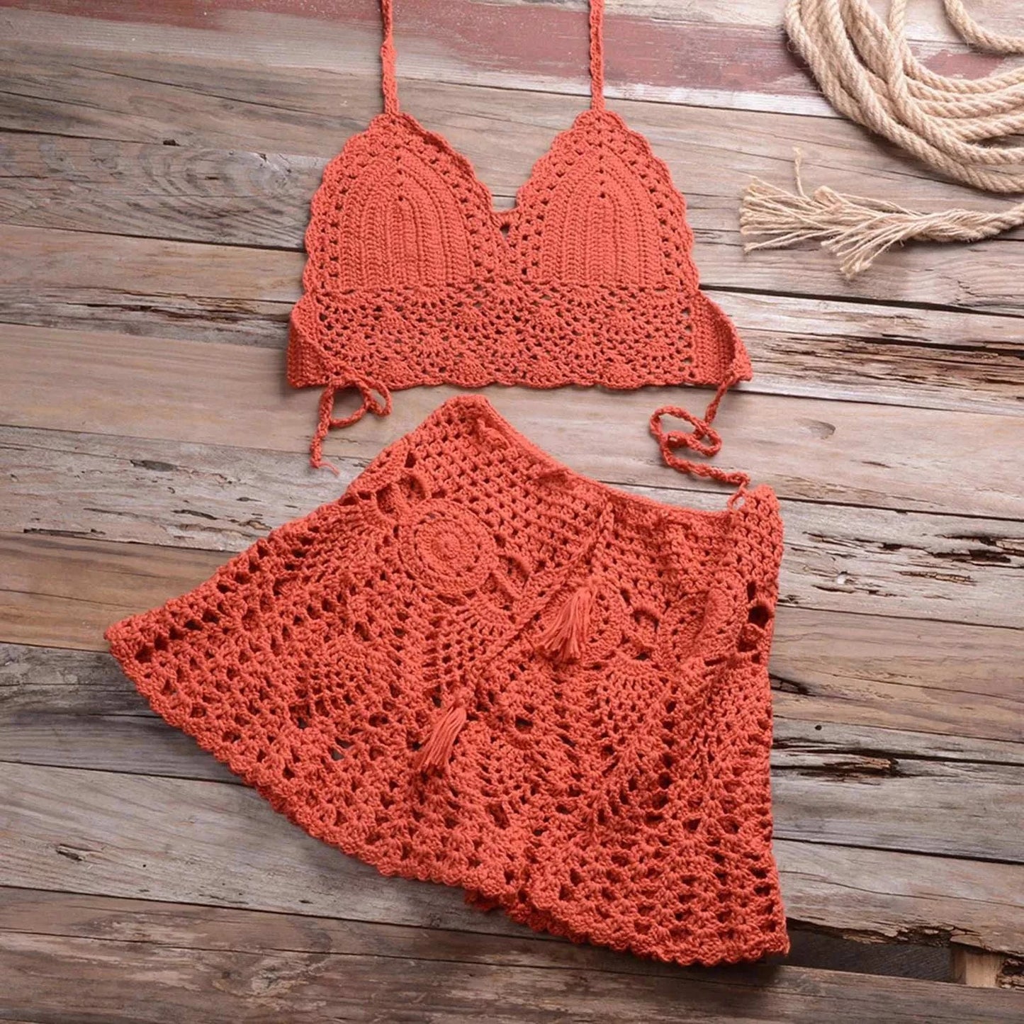 Women Crocheted Hollowed Out Swimsuit Two Piece Suits Summer V Neck Bikini Beach Skirt Solid Swimwear Bathing Suit Swimming Suit