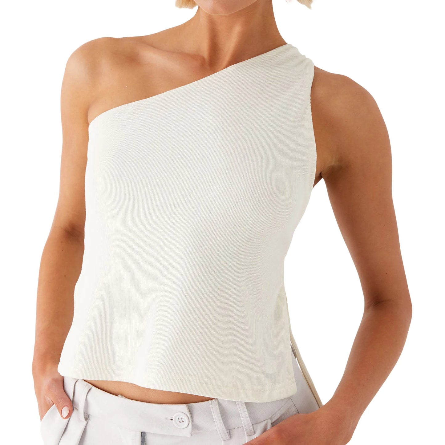 Elegant One Shoulder Blouse Women s Fashionable Sleeveless Top with Chic Side Knot Detail for Summer Wear