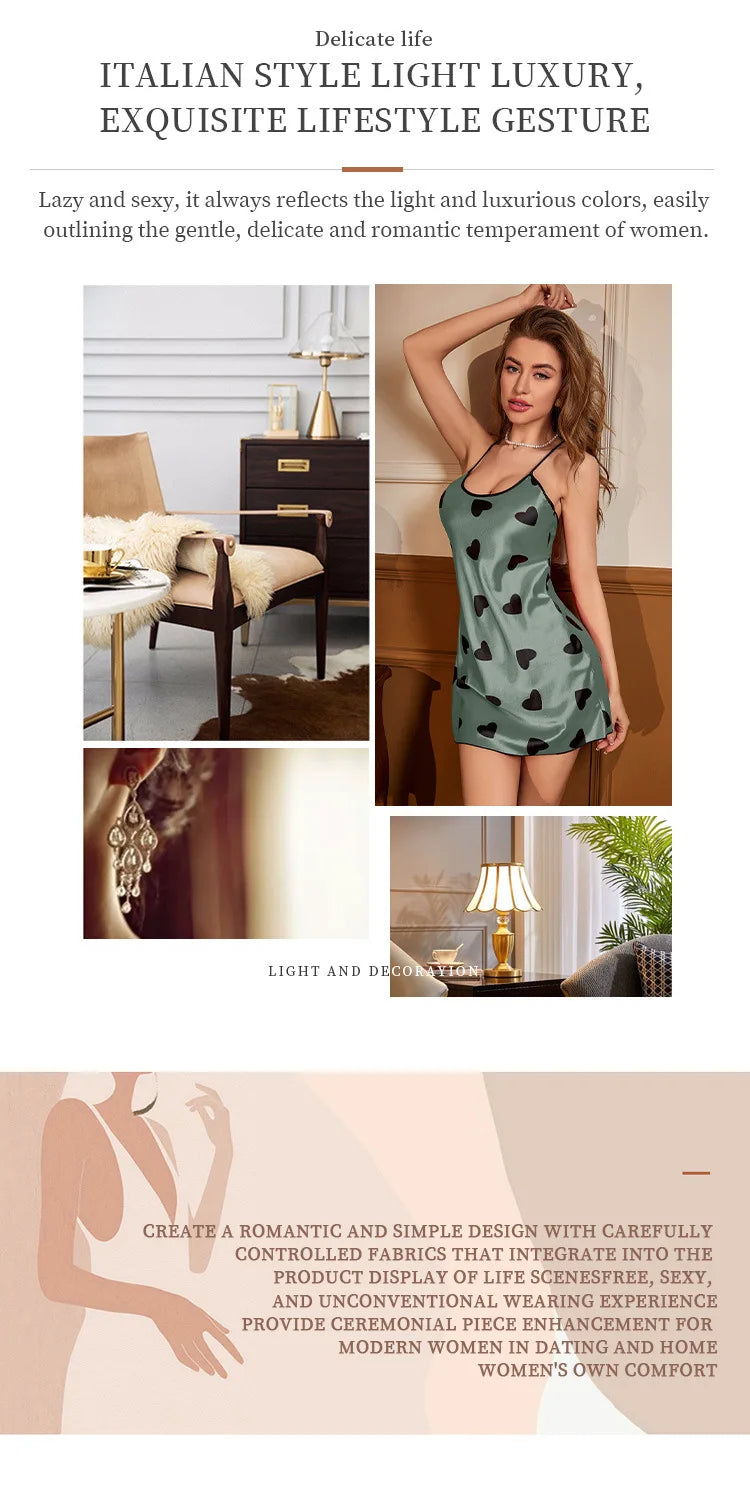 Heart Print Slip Nightdress Casual Crew Neck Criss Cross Back Sleepwear Women's Dresses