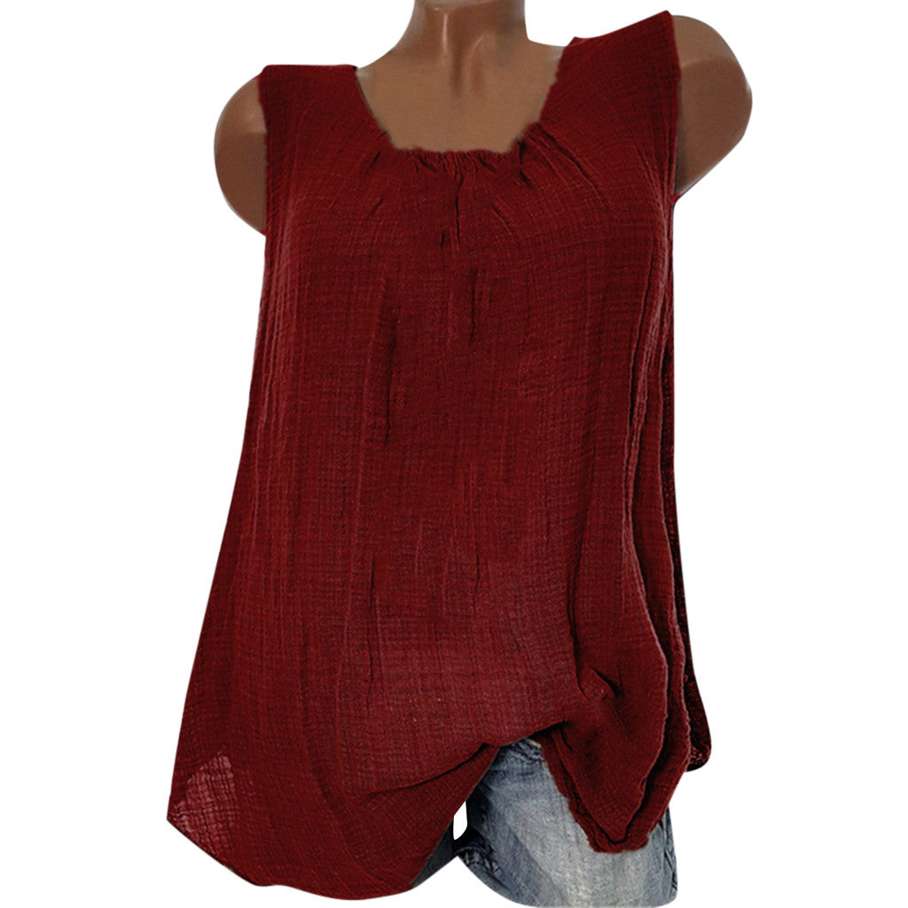 Plus Size Cotton Linen Sleeveless Baggy Tank Top – Casual U-Neck Summer Vest Blouse for Women