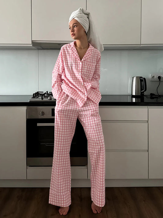 Pink Plaid Loose-Fit Turn-Down Collar Nightgown & Pajama Pant Set – Long Sleeve Sleepwear