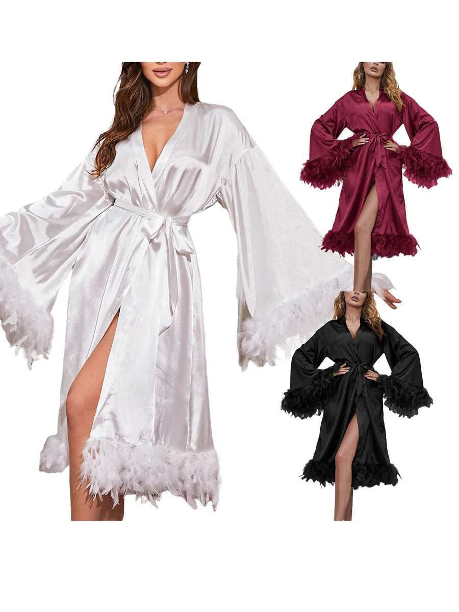 Women Sexy White Feather Long Sheer Satin Robe See Through Bridal Nightgown Lingerie Nightdress Bathrobe Cover Up Loungewear