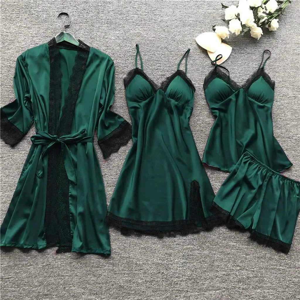 Women’s 4-Piece Satin & Lace Nightwear Set – Camisole, Shorts, Nightdress & Robe