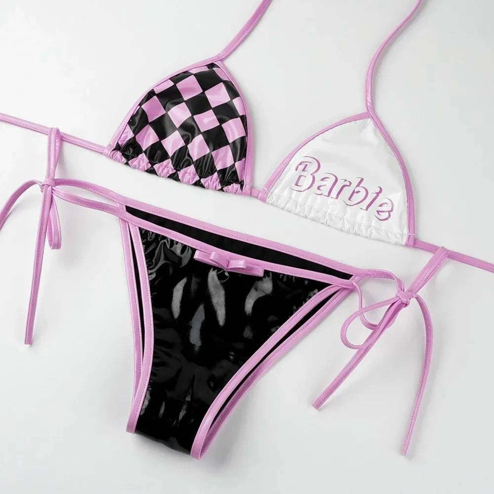 Women Three Point Underwear Set Cosplay Costume Barbie Cute Girl Pink Black Plaid Bikini Swimsuit