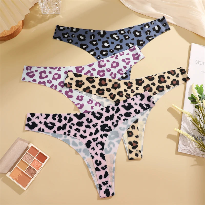 FINETOO Ultra Soft Seamless Graphic Print Thong Set – 4-Pack Stretch Leopard G-Strings for Women