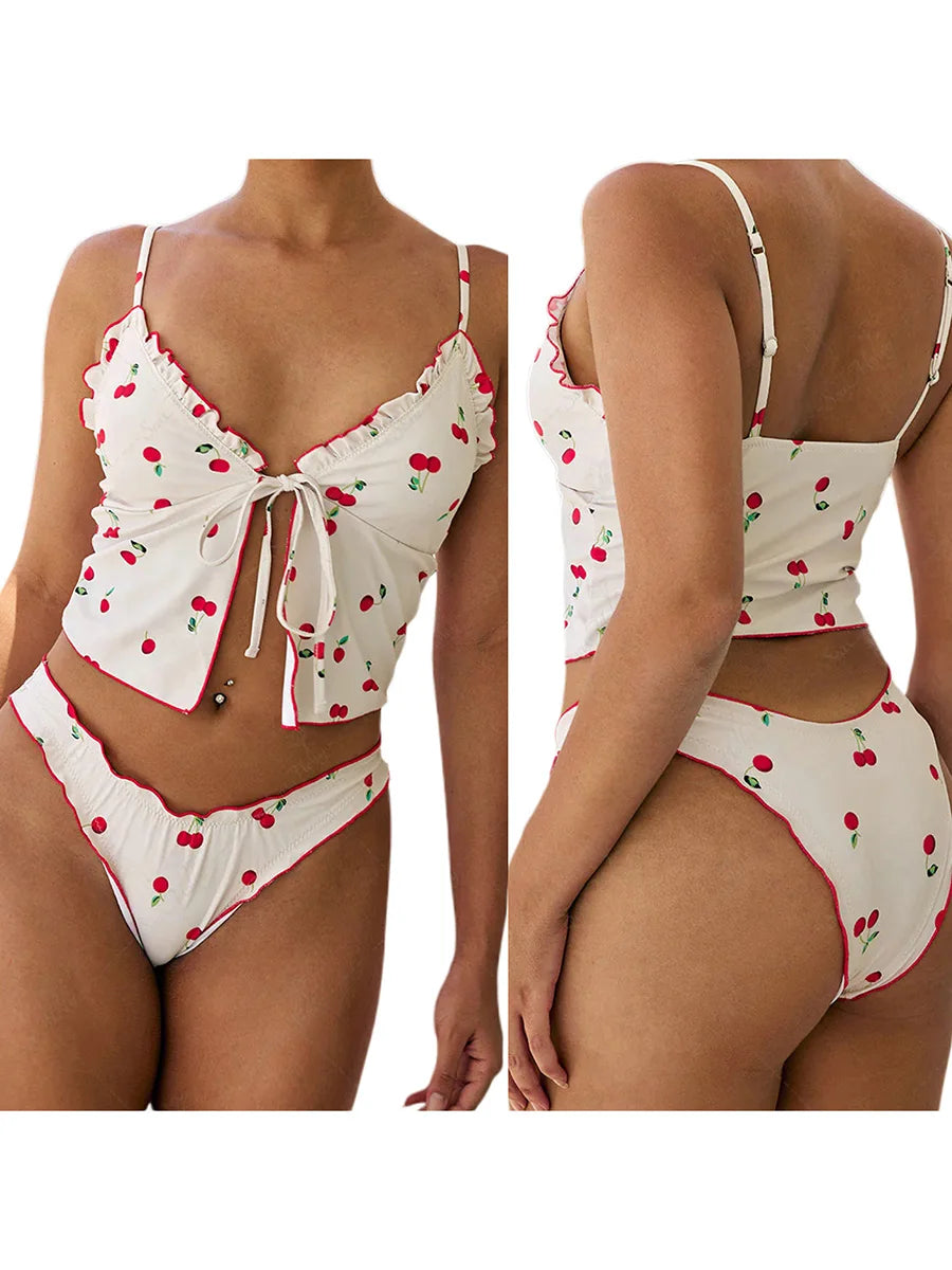 Floral Print Ruffle Off-Shoulder Bikini Top – Tie Front Sleeveless Swimsuit Crop for Women (Top Only)