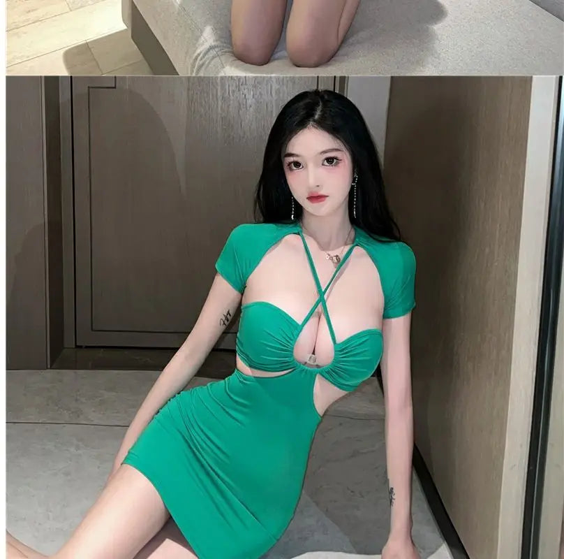 Sexy Spicy Girl Hollow Back Show Chest Hanging Neck Dress Summer Unique and Unique Tight Show Slim Wrap Hip Short Skirt
