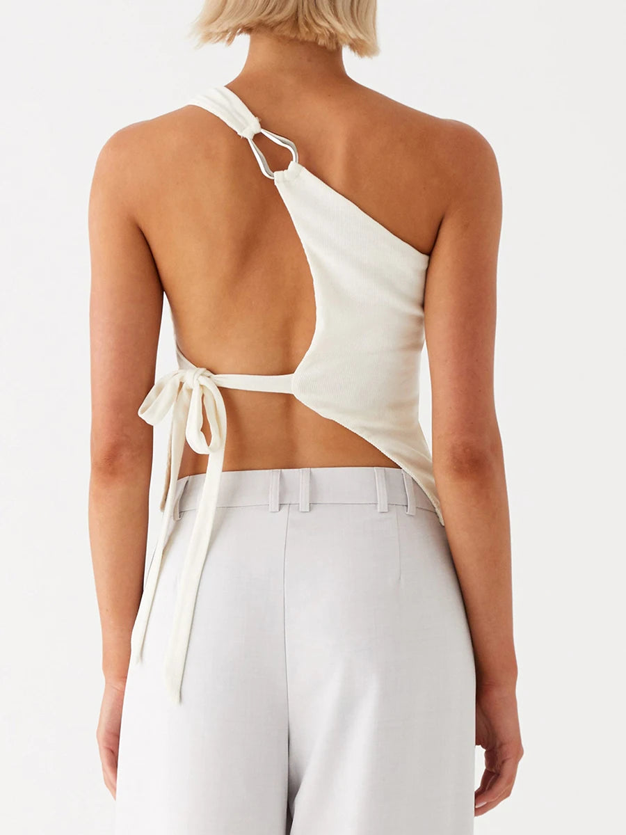 Elegant One Shoulder Blouse Women s Fashionable Sleeveless Top with Chic Side Knot Detail for Summer Wear